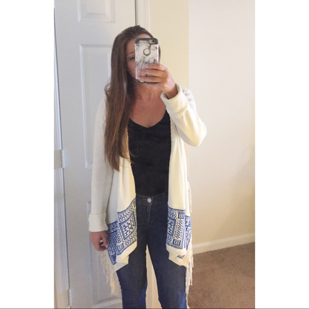 Blue & Cream Fringe Boho Cardigan - Picture 3 of 5
